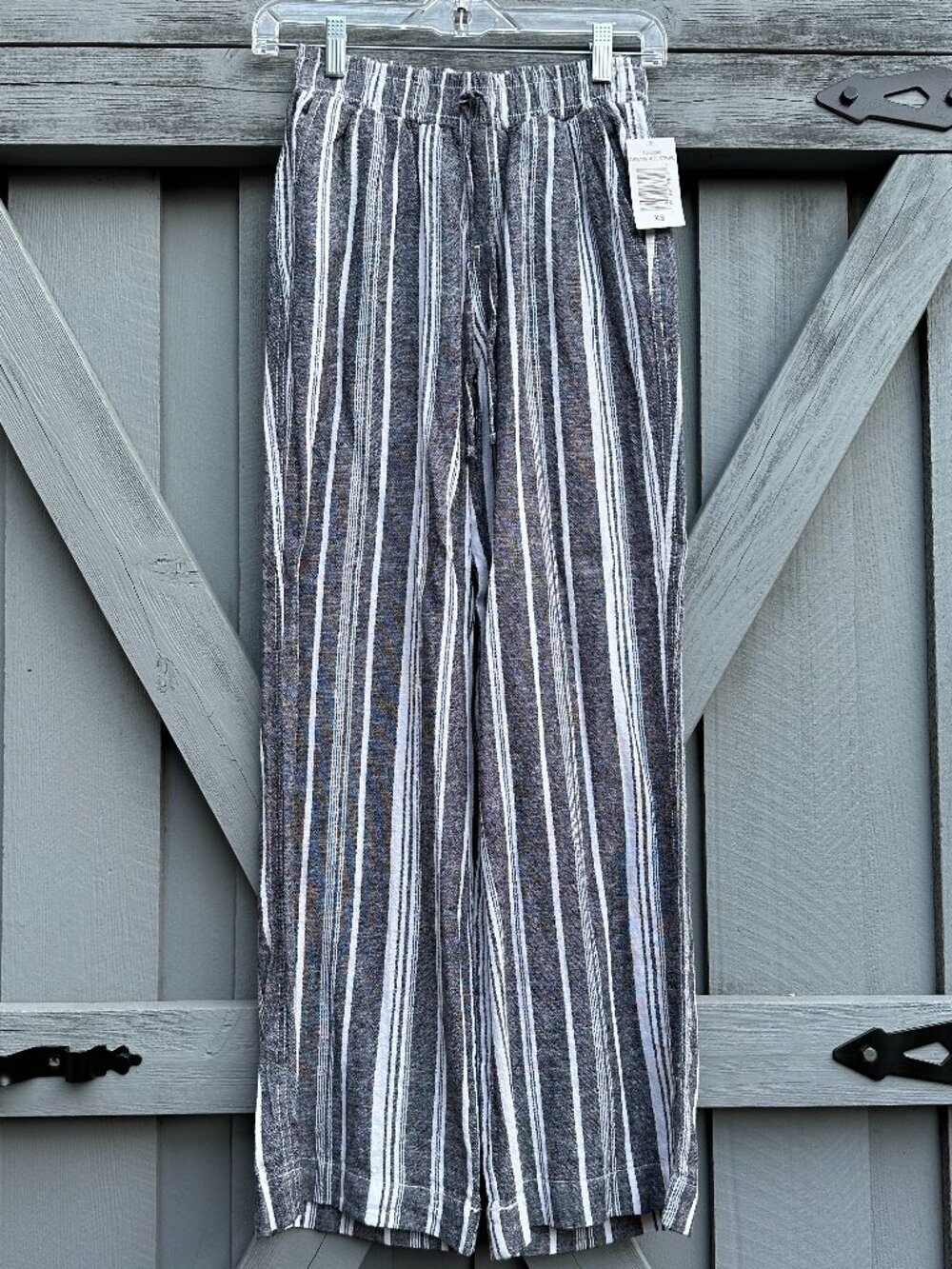 BRIGGS Women's Linen Blend Wide Leg Pull-On Pants Gray White Stripe XS NWT